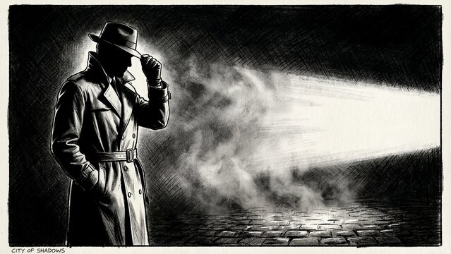 Vintage detective figure in a dark, misty environment adjusts his fedora while holding a bright beam of light against the shadowed street