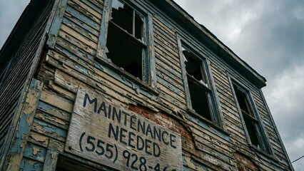Obraz premium A severely dilapidated, old wooden building showcases extensive peeling blue and beige paint on its worn siding, numerous broken glass windows, and a stark 