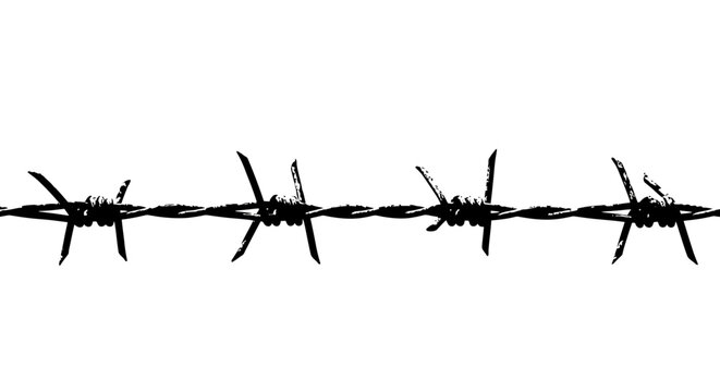 Close-up of a horizontal barbed wire fence segment against a white background, symbolizing restriction and confinement