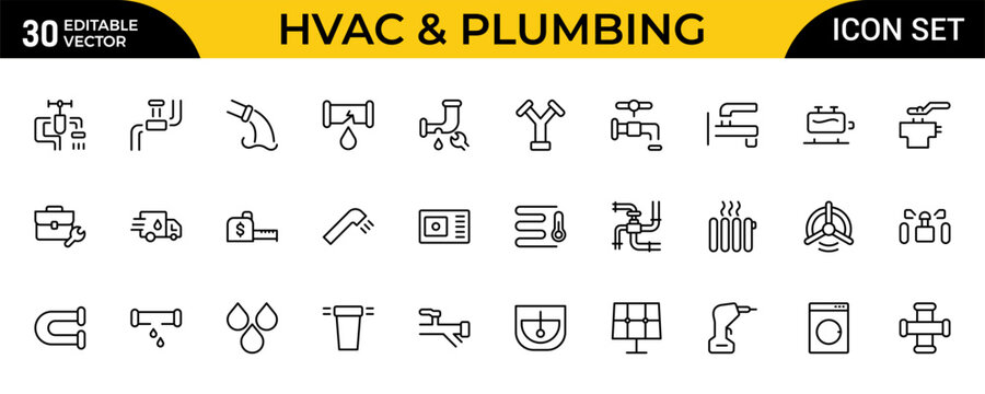 HVAC and Plumbing Line Icon Set for Heating, Ventilation, Air Conditioning, Water Systems, Home Maintenance and Repair Services Outline Vector Collection