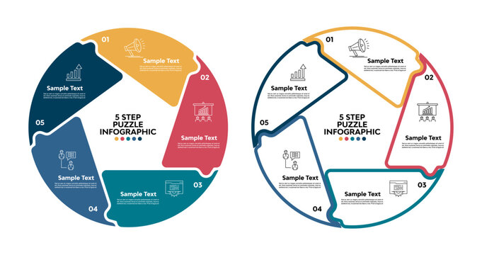 Vector circle puzzle infographic with 5 option steps with business icons and layout. Business presentation template, web, annual, UI UX, brochure, advertising, poster. Vector editable.
