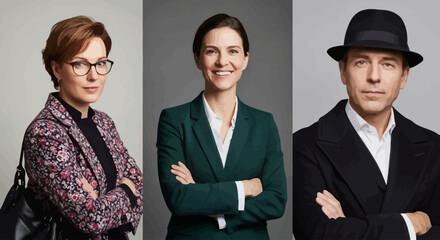 Confident and diverse group of business professionals in individual studio portraits, representing modern corporate leadership and teamwork