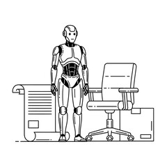 Robot standing next to a desk chair and blueprint in a professional office setting