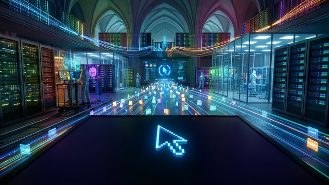 A captivating, futuristic data center buzzes with vibrant activity, showcasing countless glowing server racks, intricate high-speed data streams, and dedicated technicians diligently monitoring