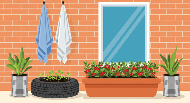 Picturesque window view with towels hanging outside a flower box filled with red berries and lush potted plants.