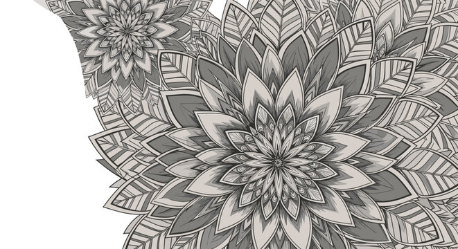 Intricate black and white floral mandala pattern with detailed leaves and petals in a layered geometric design.