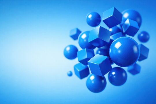 Abstract composition of blue spheres and cubes floating against a gradient background