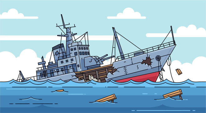 A large, damaged grey ship is sinking in the blue ocean, with debris floating around it under a clear sky.