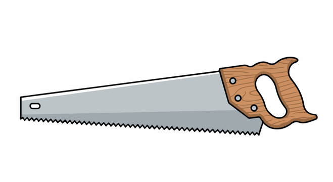 Illustration of a handsaw with a wooden handle on a white background in a graphic style.