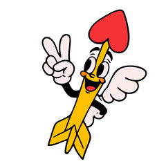 Obraz premium Funny cupid arrow mascot with wings and a hand making a peace sign. Bold cartoon valentine illustration suggests love, flirting, celebration, and playful romance.