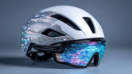 Fototapeta premium Futuristic cycling helmet with integrated technology concept on gray background