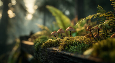 Fototapeta premium a close-up of small mushrooms growing on the edge of an old wooden fence, surrounded by moss and ferns in a misty forest setting.