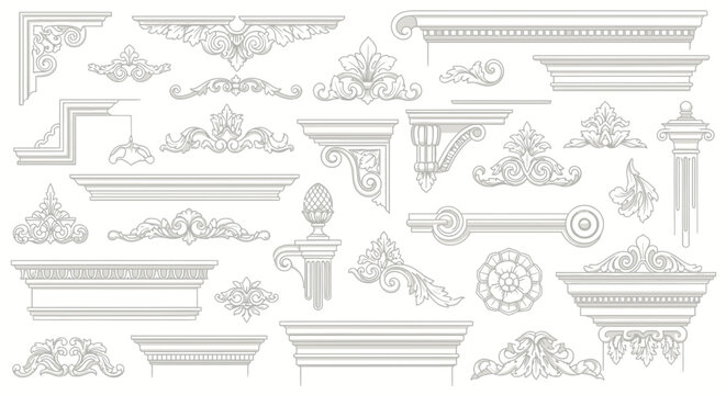 Collection of decorative architectural elements, including ornate cornices, borders, and molding designs, perfect for interior and exterior embellishment