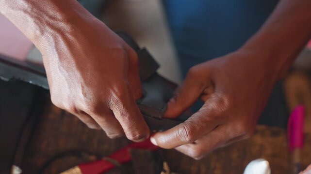 Hands attaching strap during shoe repair process. Craftsman meticulously threading buckle through leather loop at work. Rustic scene of shoe repair with scattered tools and detailed leatherwork