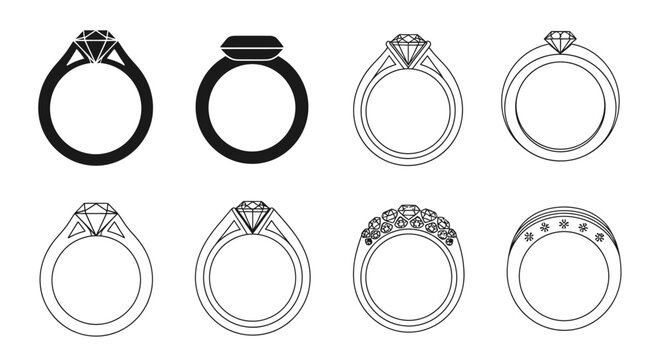 Collection of diverse ring designs, featuring solitaire diamonds and elaborate band styles, perfect for engagement and wedding occasions