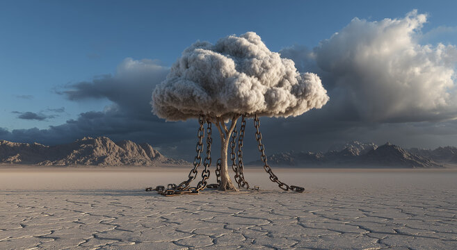 a cloud of cotton in the shape of a tree, standing on cracked desert ground with chains around it.