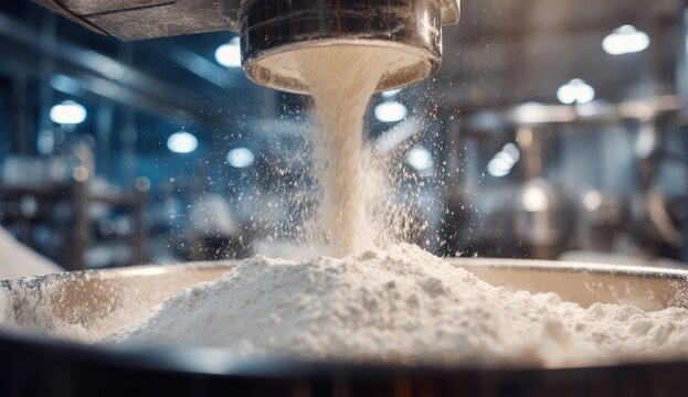 White powder falling from a machine into a large metal container