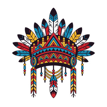 Vibrant Native American Headdress with Colorful Feathers and Geometric Patterns
