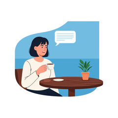 Fototapeta premium Woman enjoying coffee and conversation at a cafe table with plant