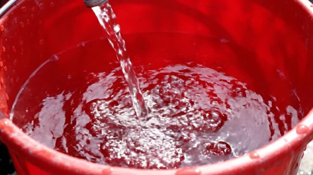Clear liquid streams from a hose into a bright red plastic container, filling it with refreshing water