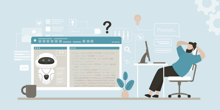 Happy programmer relaxing at workspace. Chat bot or neural network helping in programming, playful atmosphere, vibe coding. Technology and innovation in a creative setting.