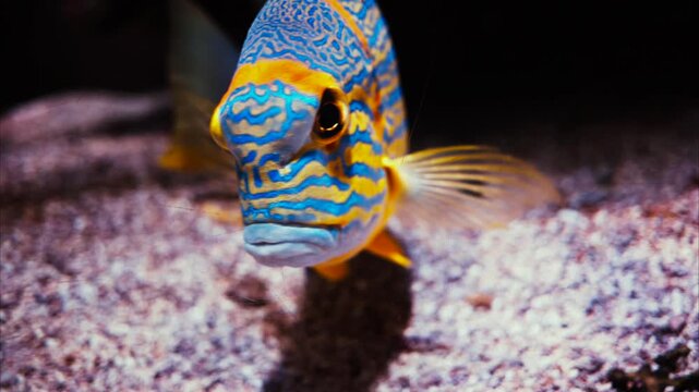 Colorful fish swims in aquarium with gravel bottom marine life underwater ocean detailed creature swimming movement.
