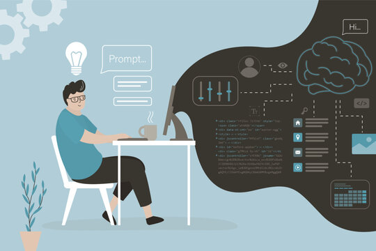 Smart programmer with ai assistant in workspace. Chat bot or neural network helping in programming, playful atmosphere, vibe coding. Technology and innovation