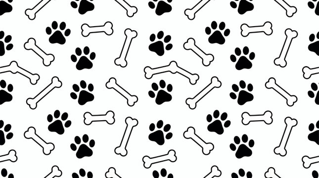 Seamless pattern of black dog paw prints and white bones with black outlines on plain background, concept for pet shop branding, animal care backdrop and textile design