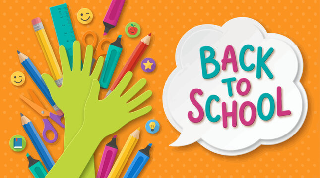 Colorful back to school illustration with green hand silhouettes, school supplies and speech bubble on orange background, concept for educational promotion, classroom poster and student orientation