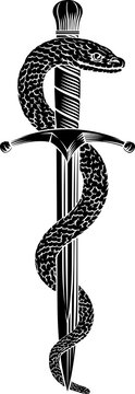 A dagger knife with snake wrapped around it in a vintage woodcut engraved etching tattoo illustration style