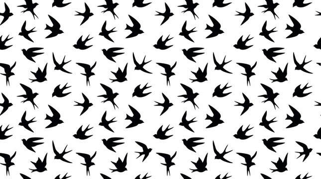 Seamless pattern of black swallow bird silhouettes flying on a white background, concept for textile design, wallpaper printing and wrapping paper