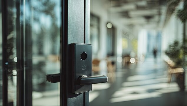 Modern electronic door lock and handle on glass office entry
