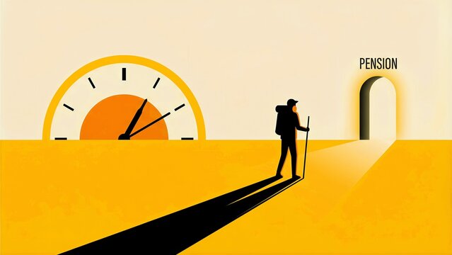 A determined silhouette of a person, carrying a backpack and stick, walks resolutely towards a brightly lit archway marked "pension", symbolizing the significant journey and essential financial