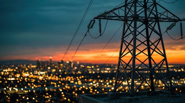 High voltage power line pylon at sunset with blurred city skyline. Energy infrastructure and electricity supply for urban development and power distribution.
