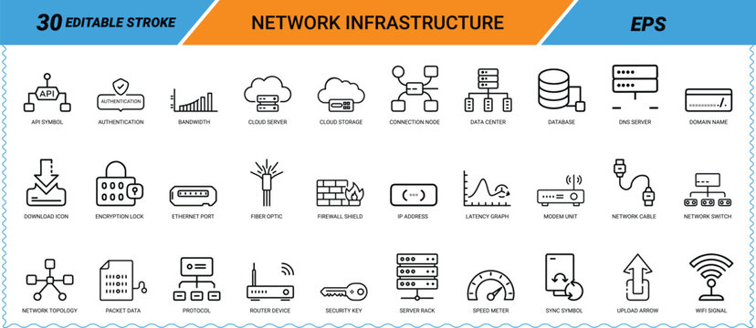 Network infrastructure editable line art icon pack. Icon bundle, icon set, web icon, app icon, router, server, cloud, database, wifi, connectivity, topology, and more. Vector graphics.