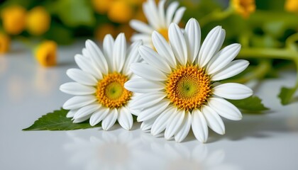 Fototapeta premium Vibrant Daisy Blossom with Green Leaf Reflective Surface