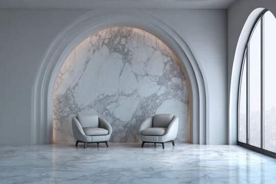 Two modern armchairs are placed in a minimalist interior with marble.