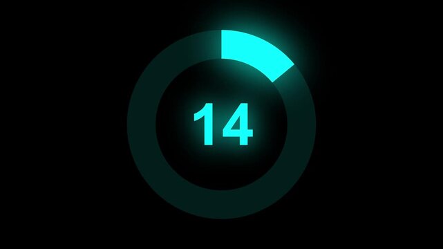 Abstract numerical counting from 0 to 14. Countdown timer from 0 to 14 seconds real time. Modern flat design of countdown animation. Circular progress bar.