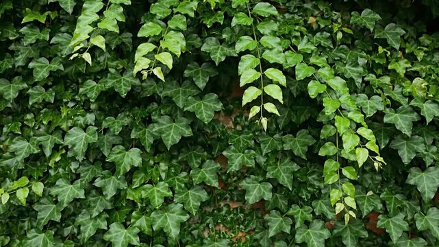 A dense wall covered in lush green ivy leaves, creating a natural, textured background with varying shades of green foliage