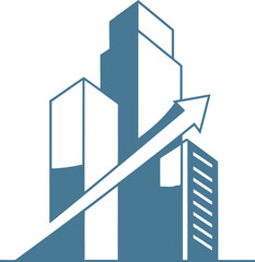 Fototapeta premium Ascending skyscrapers with upward growth arrow symbolizing progress and development