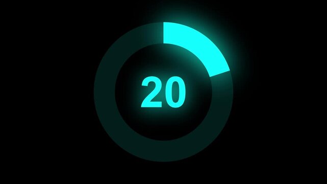 Abstract numerical counting from 0 to 20. Countdown timer from 0 to 20 seconds real time. Modern flat design of countdown animation. Circular progress bar.