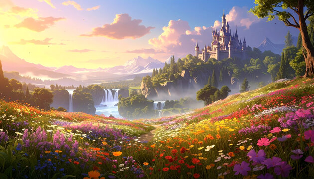A scenic summer panorama of a green mountain valley at sunrise where wild flowers bloom under a glowing sky filled with soft clouds and morning fog