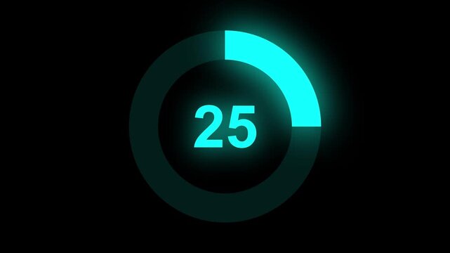 Abstract numerical counting from 0 to 25. Countdown timer from 0 to 25 seconds real time. Modern flat design of countdown animation. Circular progress bar.