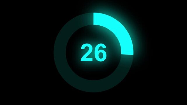 Abstract numerical counting from 0 to 26. Countdown timer from 0 to 26 seconds real time. Modern flat design of countdown animation. Circular progress bar.