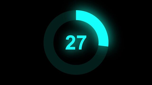 Abstract numerical counting from 0 to 27. Countdown timer from 0 to 27 seconds real time. Modern flat design of countdown animation. Circular progress bar.