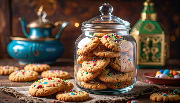 Gourmet homemade Christmas cookies and a delicious cup of tea served on a white plate make a sweet festive snack or breakfast dessert