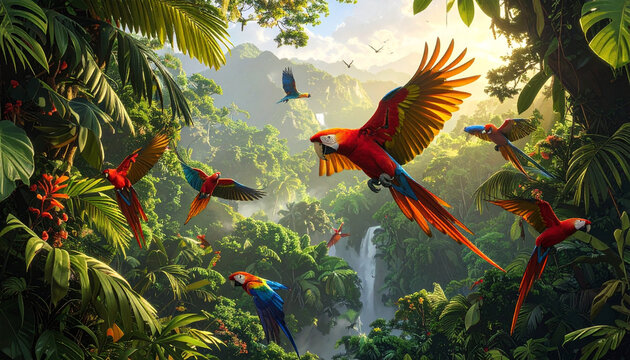Cute vector illustration of a colorful macaw parrot with a yellow beak perched on a green tropical tree branch in a wild jungle forest nature background
