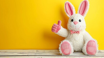Cheerful easter bunny mascot costume character in a happy pose on bright yellow background
