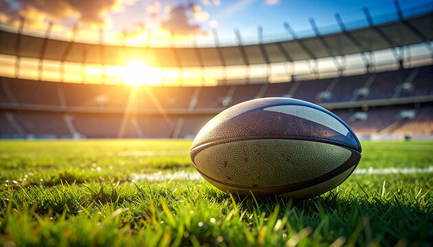 A white leather soccer ball rests on the green grass of a sports field under a blue sky, ready for a championship game or team competition at the stadium