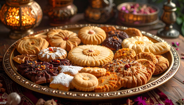 Delicious homemade gourmet Christmas cookies with nuts and raisins served on a white bakery plate for a tasty festive snack